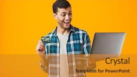  Presentation with role play woman and man - Cool new PPT layouts with farmers network - cheerful young man wearing plaid backdrop and a gold colored foreground