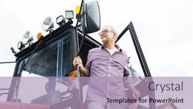  Presentation with agriculture - Theme featuring farming agriculture and people concept - senior man or farmer getting out of tractor at farm background and a light blue colored foreground