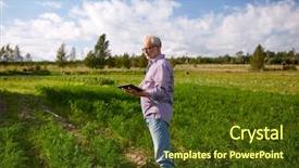  Presentation with computer agriculture - Slide deck having farming agriculture technology and people concept - senior man with tablet pc computer at county or farm background and a tawny brown colored foreground