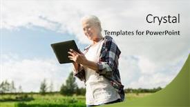  Presentation with agriculture technology - Colorful PPT theme enhanced with farming agriculture technology old age and people concept - happy senior woman with tablet pc computer at county or farm backdrop and a light gray colored foreground