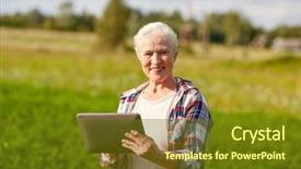  Presentation with computer agriculture - Presentation theme having farming agriculture technology old age and people concept - happy senior woman with tablet pc computer at county or farm background and a tawny brown colored foreground
