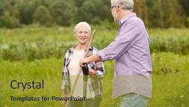  Presentation with agriculture - Beautiful presentation theme featuring farming gardening agriculture and people concept - happy senior couple with garden tools working at farm backdrop and a gold colored foreground