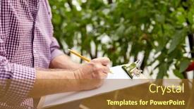  Presentation with agriculture greenhouse - Colorful PPT theme enhanced with farming gardening agriculture and people concept - senior man writing to clipboard at farm greenhouse backdrop and a tawny brown colored foreground