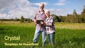  Presentation with computer agriculture - Colorful slide deck enhanced with farming gardening agriculture and people concept - happy senior couple with tablet pc computer at summer farm backdrop and a tawny brown colored foreground