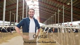  Presentation with young happy people smiling - Theme consisting of farming people and animal husbandry background and a coral colored foreground