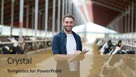  Presentation with young happy people smiling - Beautiful PPT theme featuring husbandary - agriculture industry farming people backdrop and a coral colored foreground