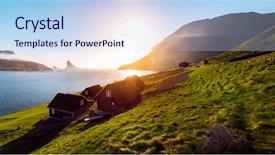  Presentation with green - Beautiful slide set featuring faroese houses with green roof backdrop and a light blue colored foreground