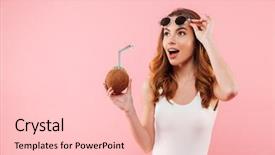  Presentation with tint sunglasses - Amazing PPT layouts having fascinating brunette woman in swimsuit backdrop and a lemonade colored foreground