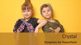  Presentation with cute - PPT theme featuring fashion - cute stylish children on color background and a gold colored foreground