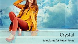  Presentation with city for - Colorful slide set enhanced with fashion - woman in autumn moscow city backdrop and a sky blue colored foreground