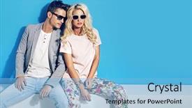 Presentation with couple - Cool new slide deck with fashion - young fashionable couple on blue backdrop and a light blue colored foreground