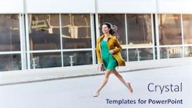  Presentation with people street - Theme consisting of fashion and people concept - happy young woman or teenage girl running and jumping high on city street background and a sky blue colored foreground