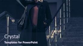  Presentation with fashion handbag - PPT layouts featuring fashion blond business woman walking in city street stylish female model wearing classic black coat with leather handbag background and a navy blue colored foreground