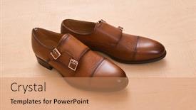  Presentation with fashion shoes - Presentation design enhanced with fashion brown man shoes with wooden background background and a coral colored foreground