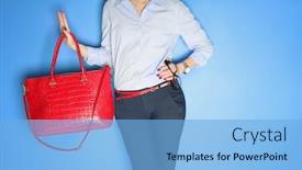  Presentation with fashion handbag - PPT theme featuring fashion concept businesswoman holding red handbag on blue background closeup background and a light blue colored foreground