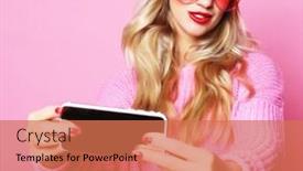  Presentation with self - Beautiful theme featuring fashion cool girl taking photo makes self portrait on smartphone wearing pinkl clothes over pink background backdrop and a coral colored foreground