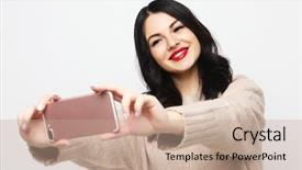  Presentation with fashion - Colorful presentation design enhanced with fashion curvy brunette girl taking backdrop and a coral colored foreground