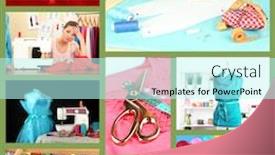  Presentation with design fashion - Colorful theme enhanced with fashion design collage sewing items backdrop and a cool aqua colored foreground