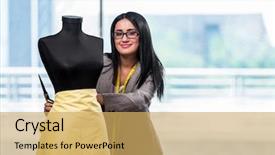  Presentation with clothing - Cool new theme with fashion designer - woman tailor working on new backdrop and a yellow colored foreground