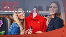  Presentation with boutique - Presentation design enhanced with fashion designer assisting the customer in clothes boutique background and a gray colored foreground