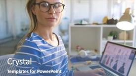  Presentation with portrait of excited overjoyed female - Presentation theme having fashion designer looking at camera background and a teal colored foreground