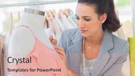  Presentation with mannequin - Presentation featuring fashion designer measuring dress on a mannequin in a studio background and a coral colored foreground