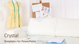  Presentation with equipment - Presentation theme featuring fashion designer studio with professional equipment sketches mannequin cloth background and a sky blue colored foreground