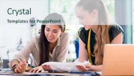  Presentation with women designing - Beautiful slide deck featuring fashion designer women draw dress backdrop and a sky blue colored foreground