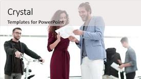  Presentation with new ideas - PPT theme with fashion designers discussing new ideas background and a  colored foreground