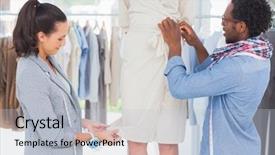  Presentation with needles - PPT theme with fashion designers picking needles on a dress background and a light blue colored foreground