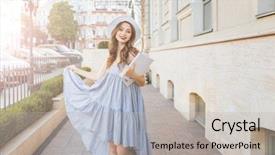  Presentation with hat - Slides having fashion dresses - happy pretty young woman background and a light gray colored foreground