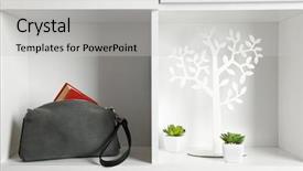  Presentation with fashion handbag - Presentation with fashion female handbag with book on shelf background and a light gray colored foreground