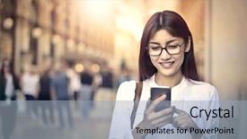  Presentation with gallery - Slide deck consisting of fashion gallery - woman using her smartphone background and a light blue colored foreground