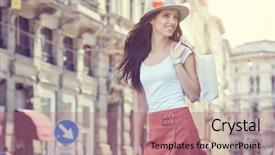  Presentation with young woman - Amazing theme having fashion gallery - young beautiful woman with shopping backdrop and a coral colored foreground