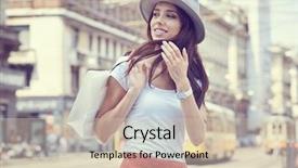  Presentation with woman pushing shopping trolley - PPT layouts consisting of fashion gallery - young beautiful woman with shopping background and a soft green colored foreground