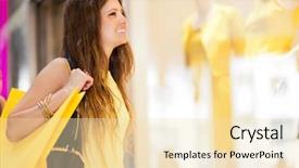  Presentation with woman pushing shopping trolley - PPT theme with fashion gallery - young woman shopping background and a lemonade colored foreground