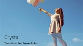  Presentation with blue balloons - Cool new theme with fashion girl with air balloons over blue sky backdrop and a light blue colored foreground