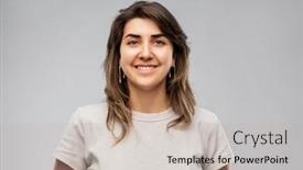  Presentation with golden woman - Amazing presentation having fashion jewelry and people concept - happy smiling young woman in grey t-shirt and golden earrings backdrop and a mint green colored foreground