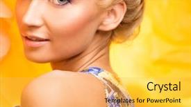  Presentation with cheerful - Amazing slides having fashion lifestyle - beautiful young cheerful blond woman backdrop and a  colored foreground