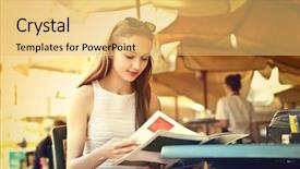  Presentation with reading and writing - Slide deck enhanced with fashion magazine - reading at the cafe background and a yellow colored foreground