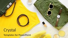  Presentation with clothing - Audience pleasing PPT theme consisting of fashion magazine - trendy women clothing set backdrop and a yellow colored foreground