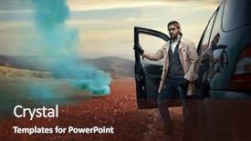  Presentation with sleepy yawning man driving car - Slide set with fashion man near the car background and a tawny brown colored foreground