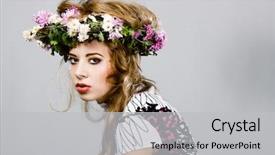  Presentation with makeup fashion model applying lipstick - Audience pleasing PPT theme consisting of fashion model in flower crown backdrop and a  colored foreground