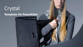  Presentation with fashion handbag - PPT theme consisting of fashion model in modern clothes holding handbag posing on gray background background and a gray colored foreground