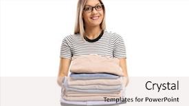  Presentation with pile - Presentation theme having fashion neat - young woman holding a pile background and a lemonade colored foreground