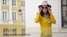  Presentation with makeup - Amazing presentation design having fashion outdoor photo of beautiful woman with dark straight hair and bright makeup wearing elegant clothes backdrop and a coral colored foreground