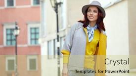  Presentation with makeup - Presentation theme featuring fashion outdoor photo of beautiful woman with dark straight hair and bright makeup wearing elegant clothes background and a soft green colored foreground