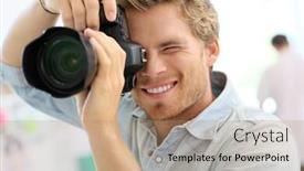  Presentation with shooting - Amazing PPT theme having fashion photographer shooting model in studio backdrop and a coral colored foreground