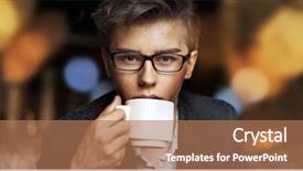  Presentation with elegant man in glasses optics - Colorful PPT theme enhanced with fashion politics - young elegant man drinking coffee backdrop and a  colored foreground