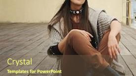  Presentation with fashion shoes - Slide set enhanced with fashion portrait of a beautiful smiling brunette woman sitting in front of town beach smiling and looking at camera fashion autumn outfit large shoes with heels hat and cardigan background and a tawny brown colored foreground